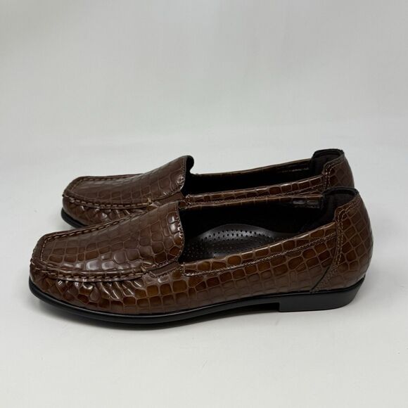 SAS Joy Loafers Womens 6.5 W Wide Brown Leather Croc Slip On Casual Comfort USA - Picture 2 of 15